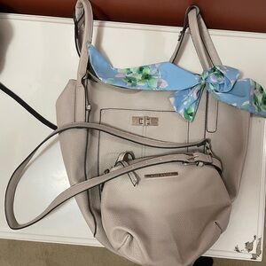 Neutral Pebbled Tote with Matching Crossbody and Blue Floral Scarf Steve Madden